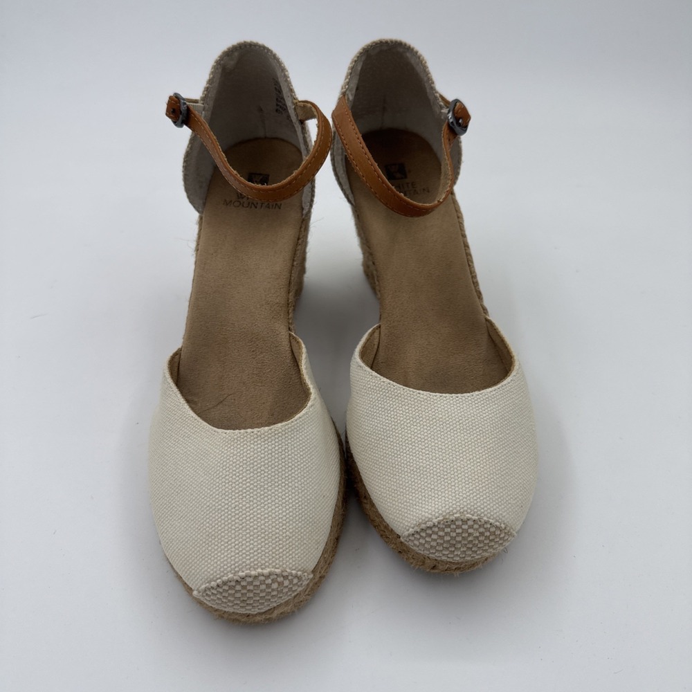White Mountain Mamba Cream Espadrille Wedge Sandals with Tan Ankle Strap Sz 8